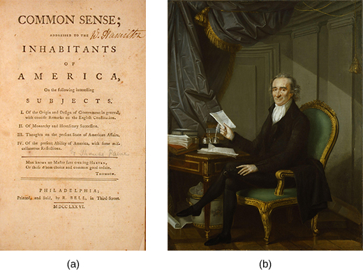 The image on the left is the first page of Thomas Paine's Common Sense. The image on the right is a portrait of Thomas Paine.