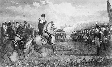 1775 etching showing George Washington taking command of the Continental Army at Cambridge, Massachusetts.