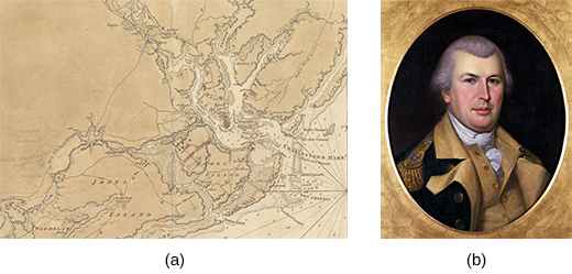 Image (a) is a 1780 map of Charleston showing details of Continental defenses. Image (b) is a portrait of General Nathanael Greene.
