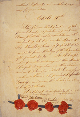 Image is the last page of the Treaty of Paris, signed on September 3, 1783, containing the signatures and seals of representatives for both the British and the Americans.