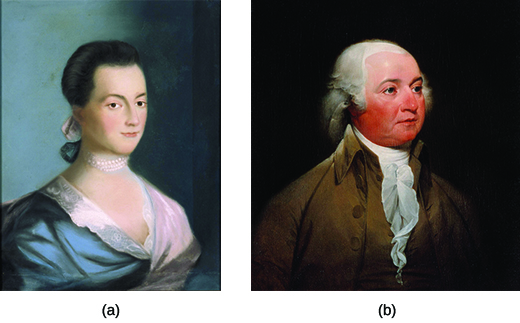 Image (a) is a portrait of Abagail Adams. Image (b) is a portrait of her husband, John Adams.