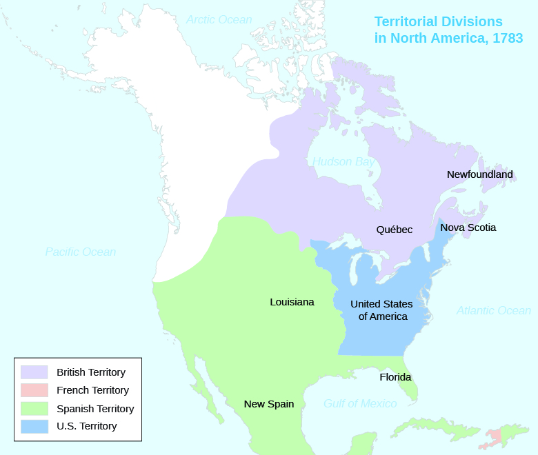 Map showing how the 1783 Treaty of Paris divided North America into territories belonging to the United States and several European countries, but it failed to address Native lands at all.