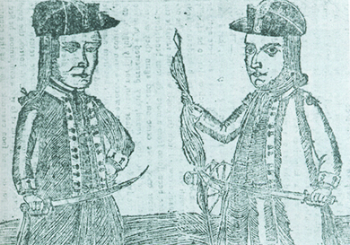Woodcut, from Bickerstaff’s Boston Almanack of 1787, depicts Daniel Shays and Job Shattuck.