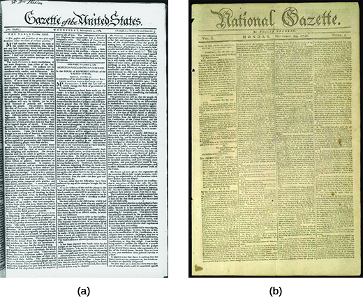 (a) front page of the Federalist Gazette of the United States (b) front page of the oppositional National Gazette
