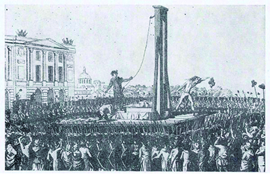 image from a 1791 Hungarian journal depicts the beheading of Louis XVI during the French Revolution.