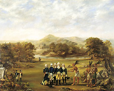 Painting depicting federal and Native representatives signing the Treaty of Greenville in 1795.