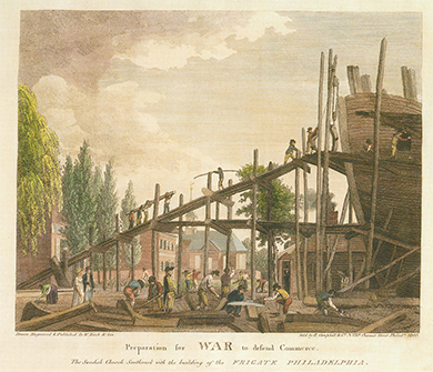 Print showing the construction of a naval ship.