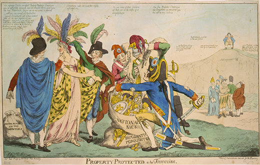 Cartoon showing Five Frenchmen are shown plundering the treasures of a woman representing the United States.