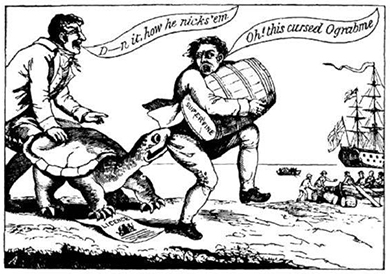 Political cartoon depicting a snapping turtle grabbing a smuggler in the act of sneaking a barrel of sugar to a British ship.