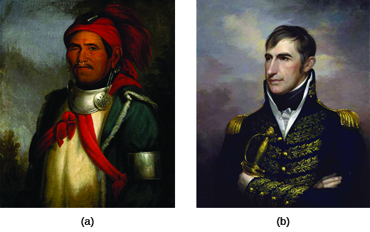 Figure *(a) is a portrait of Shawnee prophet Tenskwatawa. Figure (b) is a portrait of William Henry Harrison.