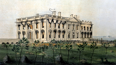 Painting showing the result of the British burning of the White House during the War of 1812.