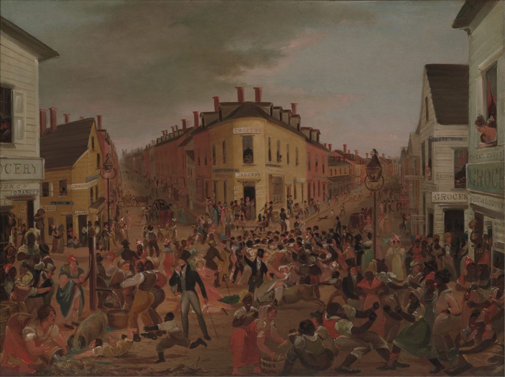 Five Points (1827), by George Catlin, depicts the infamous Five Points neighborhood of New York City, so called because it was centered at the intersection of five streets.