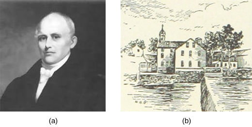 Portrait of Samuel Slater and an illustration of the nation's first successful water-powered mill, which he built.