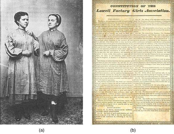 Image (a) is a photograph of two New England mill workers. Image (b) is the constitution of the Lowell Factory Girls Association.