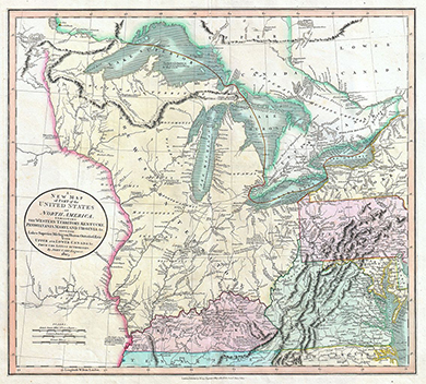 Map “exhibiting The Western Territory, Kentucky, Pennsylvania, Maryland, Virginia &c” for John Cary's 1808 atlas. It depicted the huge western territory that fascinated settlers in the early nineteenth century.