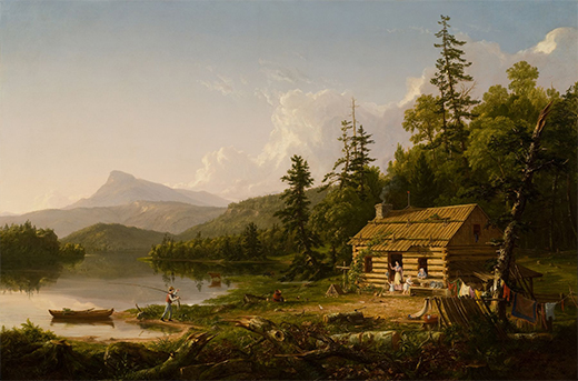 Image is Home in the Woods, a landscape with cabin by painter Thomas Cole.