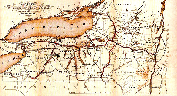 Map showing the extent of New York’s canal and railroad networks.