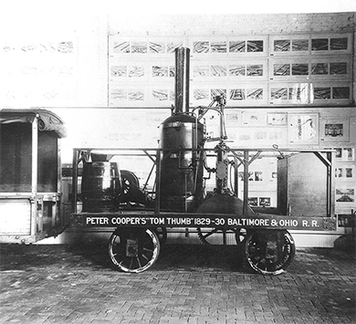 Photograph of a replica of the Tom Thumb, the first American-built steam locomotive.