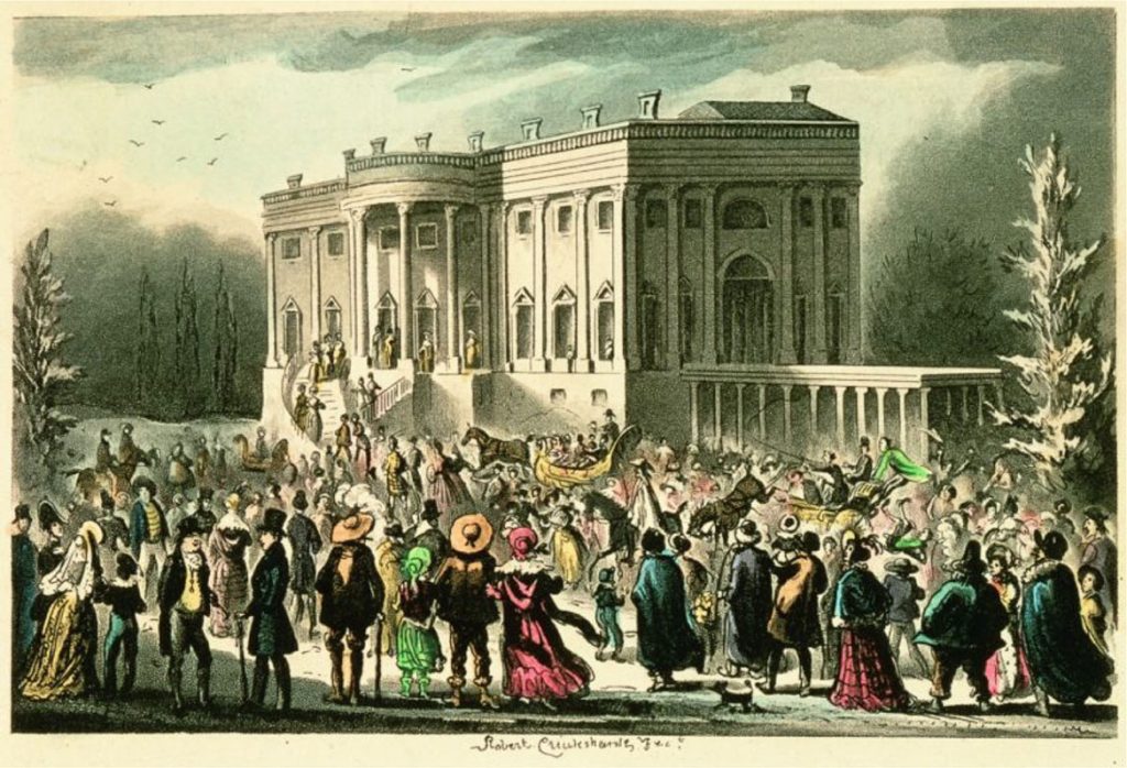 Painting depicting depicts Andrew Jackson’s inauguration in 1829, with crowds surging into the White House to join the celebrations.