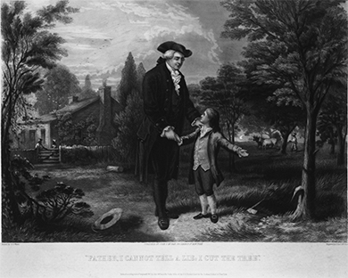 Illustration of the fable of young George Washington telling his father the truth about chopping down the cherry tree.