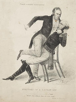 A political cartoon, titled “Symptoms of a Locked Jaw,” shows Henry Clay holding down a seated Andrew Jackson and sewing up his mouth while a paper with “Cure for calumny” written on it protrudes from his pocket. “Plain sewing done here” is written at the top of the cartoon.