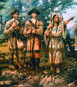 A painting depicts Sacagawea leading Lewis and Clark through the Montana wilderness. She points authoritatively ahead while Lewis and Clark look on.