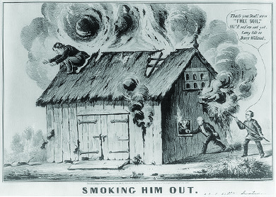 A cartoon depicts Martin Van Buren and his son John setting fire to a barn, from which smoke billows. Lewis Cass crouches on the roof, preparing to leap. John exclaims “That’s you Dad! more ‘Free Soil.’ We'll rat ‘em out yet. Long life to Davy Wilmot.”