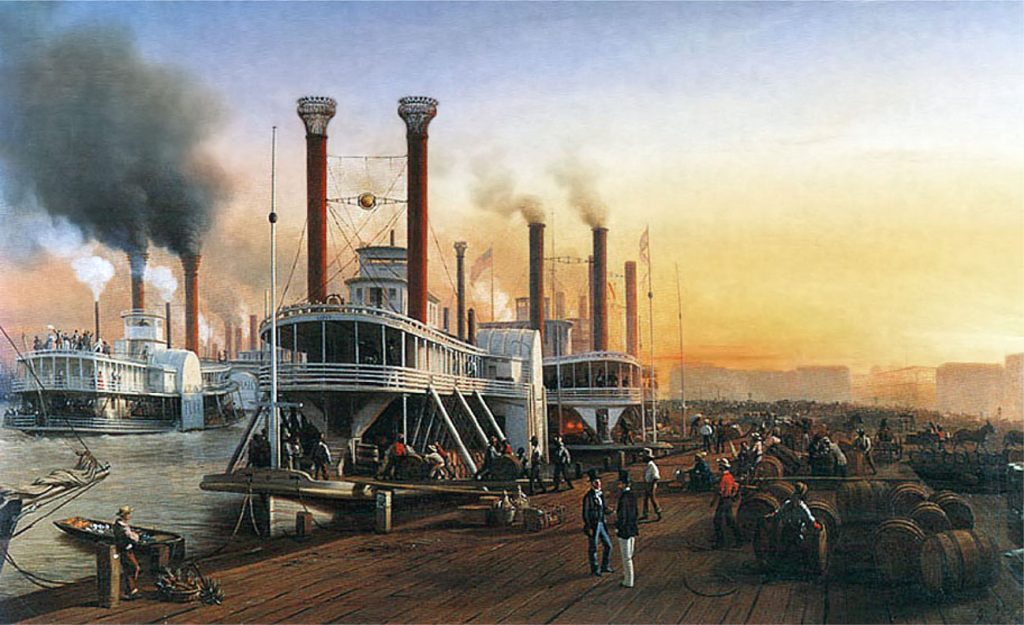 A painting depicts several large steamboats docked at New Orleans. Businessmen chat while enslaved laborers and dock workers load and unload large barrels of cargo.