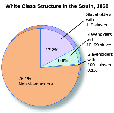 A pie chart entitled “White Class Structure in the South, 1860” shows percentages of non-slaveholders (76.1%), slaveholders with 1 to 9 enslaved people (17.2%), slaveholders with 10 to 99 enslaved people (6.6%), and slaveholders with more than 100 enslaved people (0.1%).