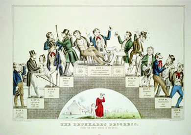 An illustration, The Drunkards Progress. From the First Glass to the Grave, shows a staircase that rises on one side and descends on the other. A scene of a drinking man is depicted on each step, with text describing his progressive downfall through drink: “Step 1. A glass with a friend. Step 2. A glass to keep the cold out. Step 3. A glass too much. Step 4. Drunk and riotous. Step 5. The summit attained. Jolly companions. A confirmed drunkard. Step 6. Poverty and disease. Step 7. Forsaken by Friends. Step 8. Desperation and crime. Step 9. Death by suicide.” At the bottom is an illustration of a woman with her face in her hand, leading her child from their home.