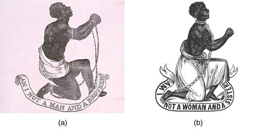 Woodcut (a) depicts a kneeling, shirtless Black man with chained wrists, holding up his hands in a plea. Below him, a banner reads “Am I not a man and a brother?” Woodcut (b) shows a Black woman in the same position; her banner reads “Am I not a woman and a sister?”