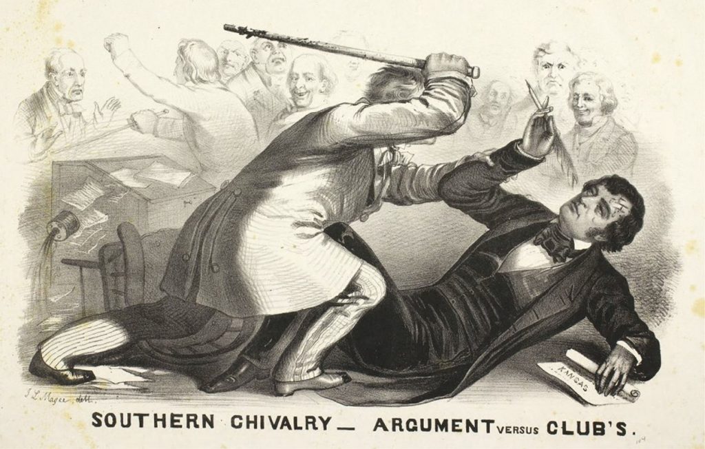 An illustration shows Preston Brooks attacking Charles Sumner with a cane while several men look on in the background. The caption reads “Southern Chivalry—Argument versus Club’s.”