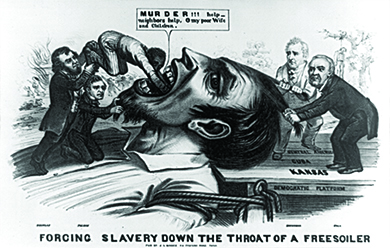 A political cartoon entitled “Forcing Slavery Down the Throat of a Free Soiler” shows a larger-than-life Free-Soiler lying on his back with his mouth open, tied to a dock labeled “Democratic Platform,” with planks labeled “Kansas,” “Cuba,” and “Central America.” Stephen Douglas and Franklin Pierce stand on the Free-Soiler’s chest and push a Black man down his throat; the Black man says “MURDER!!! Help - neighbors help. O my poor Wife and Children.” James Buchanan and Lewis Cass, who stand on the platform, each grasp a lock of the Free-Soiler’s hair to hold him down. In one corner of the image, a home burns down as a woman and child flee; in the other, a lynched man hangs from a tree.