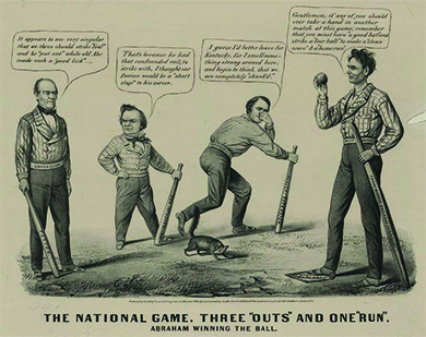 A cartoon titled “The national game. Three ‘outs’ and one ‘run’” depicts a baseball game in which Lincoln has defeated John Bell, Stephen A. Douglas, and John C. Breckinridge. Lincoln, with his foot on “Home Base,” says, “Gentlemen, if any of you should ever take a hand in another match at this game, remember that you must have a good bat and strike a fair ball to make a clean score and a home run.” Lincoln’s bat is a wooden rail labeled “Equal Rights and Free Territory,” and his belt is labeled “Wide Awake Club.” A skunk raises its tail at the other candidates. Breckinridge holds his nose and declares “I guess I’d better leave for Kentucky, for I smell something strong around here, and begin to think, that we are completely skunk’d.’” Breckinridge’s bat is labeled “Slavery Extension,” and his belt is labeled “Disunion Club.” John Bell says, “It appears to me very singular that we three should strike foul and be put out while old Abe made such a good lick.” Bell’s belt is labeled “Union Club,” and his bat is labeled “Fusion.” Douglas, who holds a bat labeled “Non Intervention,” replies, “That’s because he had that confounded rail, to strike with, I thought our fusion would be a short stop to his career.”
