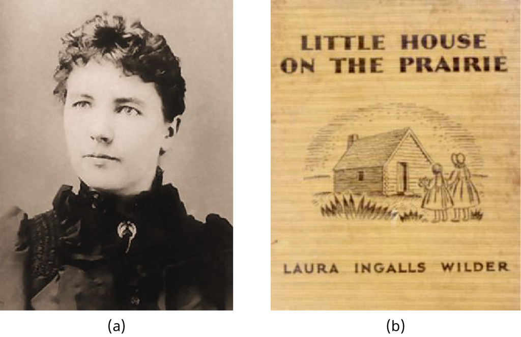 Image (a) is a photograph of Laura Ingalls Wilder. Image (b) shows the cover of Ingalls Wilder’s book, Little House on the Prairie. On the cover is a drawing of two young girls, who stand before a small cabin with the sun setting behind it.