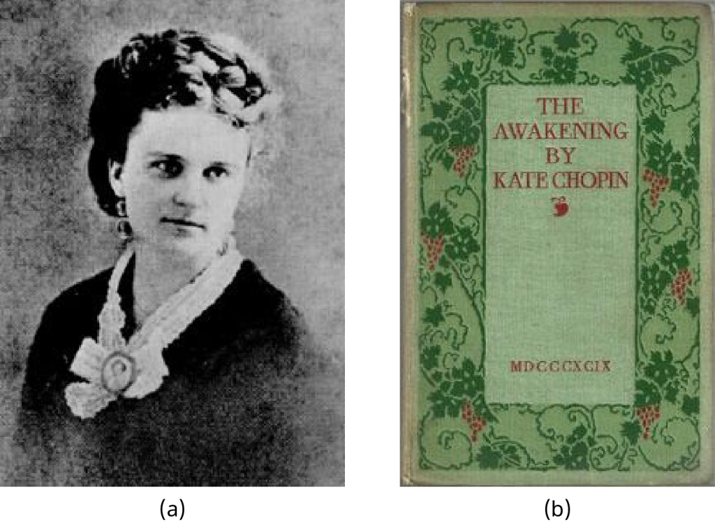 Photograph (a) is a portrait of Kate Chopin. Photograph (b) shows the first-edition cover of The Awakening.