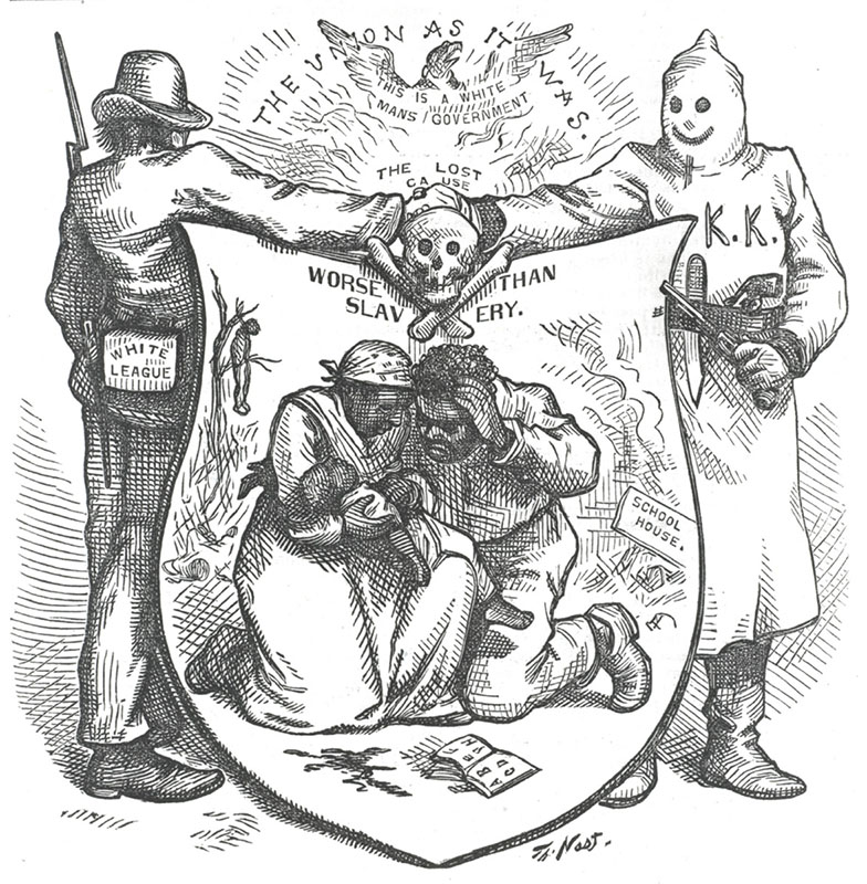 An illustration shows a man labeled “White League” shaking hands with a hooded figure labeled “KKK.” Their hands meet over a skull and crossbones. Below, a shield shows a Black couple weeping over a baby. In the background, a schoolhouse burns, and a lynched freedman is shown hanging from a tree. Above the shield, which is labeled “Worse than Slavery,” the text reads, “The Union as it Was: This is a White Man’s Government.” width=