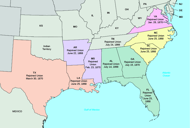 A map shows the five military districts established by the 1867 Military Reconstruction Act and the date each state rejoined the Union. Texas (Military District 5) rejoined the Union on March 30, 1870. Louisiana (Military District 5) rejoined the Union on June 25, 1868. Arkansas (Military District 4) rejoined the Union on June 22, 1868. Mississippi (Military District 4) rejoined the Union on February 23, 1870. Alabama (Military District 3) rejoined the Union on July 14, 1868. Georgia (Military District 3) rejoined the Union on July 15, 1870. Florida (Military District 3) rejoined the Union on June 25, 1868. Tennessee rejoined the Union on July 24, 1866. South Carolina (Military District 2) rejoined the Union on June 25, 1868. North Carolina (Military District 2) rejoined the Union on June 25, 1868. Virginia (Military District 1) rejoined the Union on January 26, 1870.