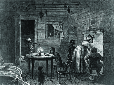 An illustration shows a Black family, with three small children, tending to their hearth as a hooded Klansman, undetected, points a rifle at them through the open doorway.