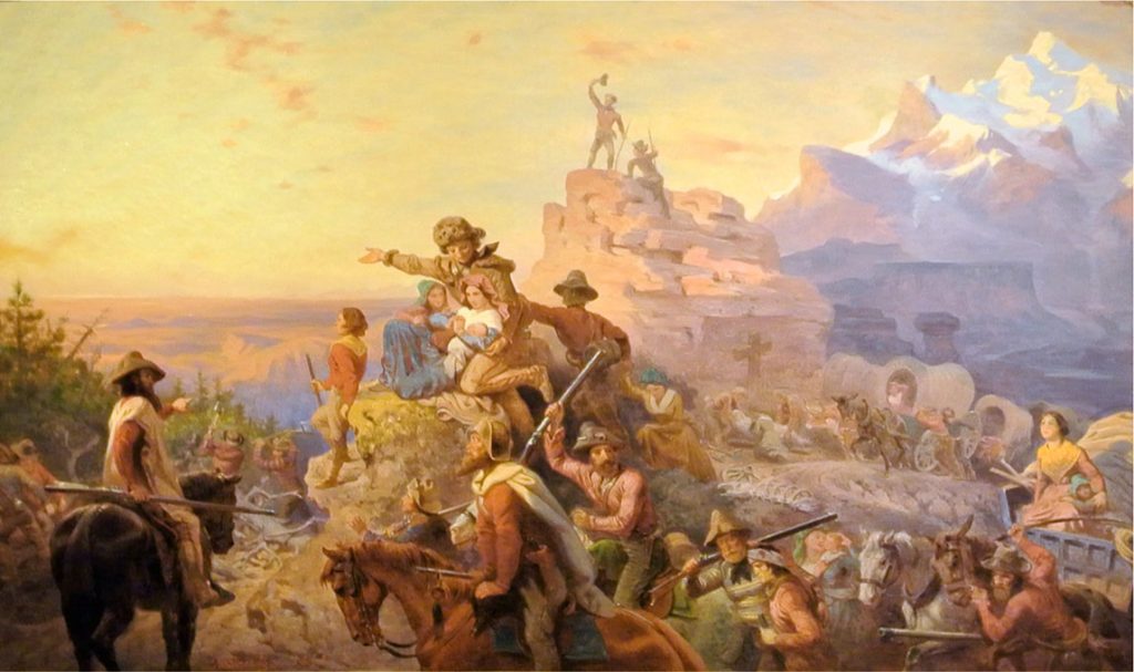 A painting of westward expansion shows pioneer men, women, children, and mountain guides, both mounted and riding in wagons. The group heads west; several men point and gaze in the direction of their destination. The travelers are surrounded by a dramatic mountain landscape.