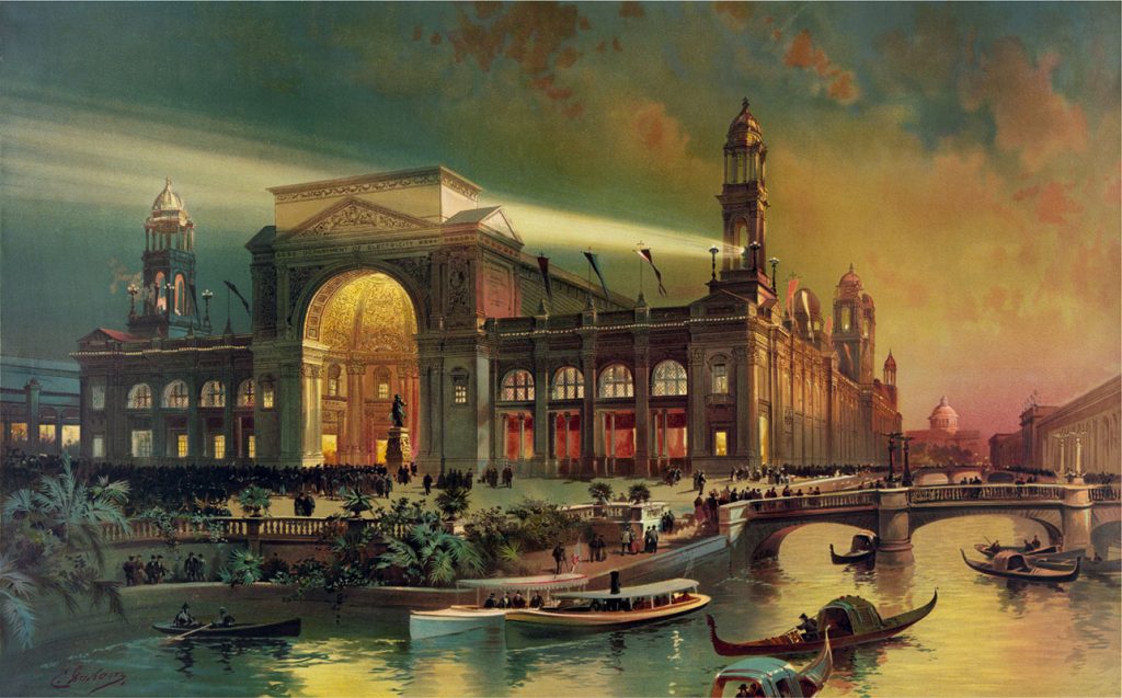 A painting shows the Electrical Building at the Chicago World’s Fair. The building, set on a waterway through which small boats and gondolas glide, is brightly illuminated against a backdrop of the night sky.