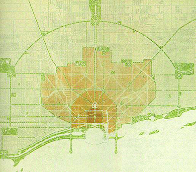 A blueprint shows a plan from the City Beautiful movement in Chicago. The plan lays out the presence of green spaces, which proliferate especially along the lakefront.