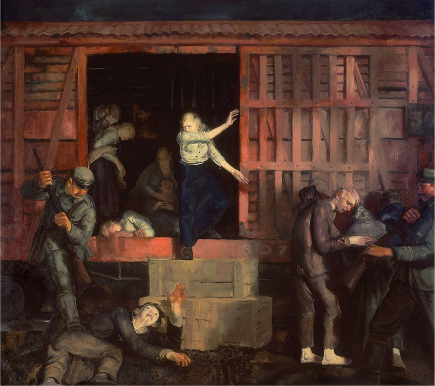 A painting depicts German soldiers unloading a group of ailing prisoners from a boxcar. A German soldier prepares to strike one man, who lies on the ground, with the butt of a rifle; the prisoner holds a hand up in defense, while a young woman exiting the boxcar watches in horror. Inside the boxcar, an elderly man holds up an ill young woman. Another woman sits on the ground holding a child.