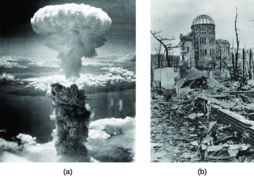 Photograph (a) shows a massive mushroom cloud created by an atomic bomb. Photograph (b) shows the ruins of Hiroshima, with only the shell of a domed building left standing among the rubble.